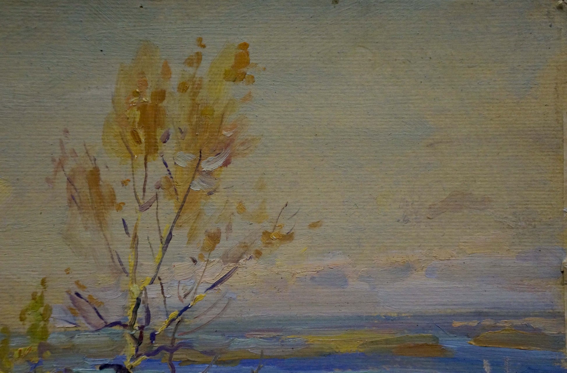 Impressionistic oil painting of golden tree by sea, Komendant Yuriy Sergeyevich