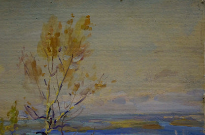 Impressionistic oil painting of golden tree by sea, Komendant Yuriy Sergeyevich