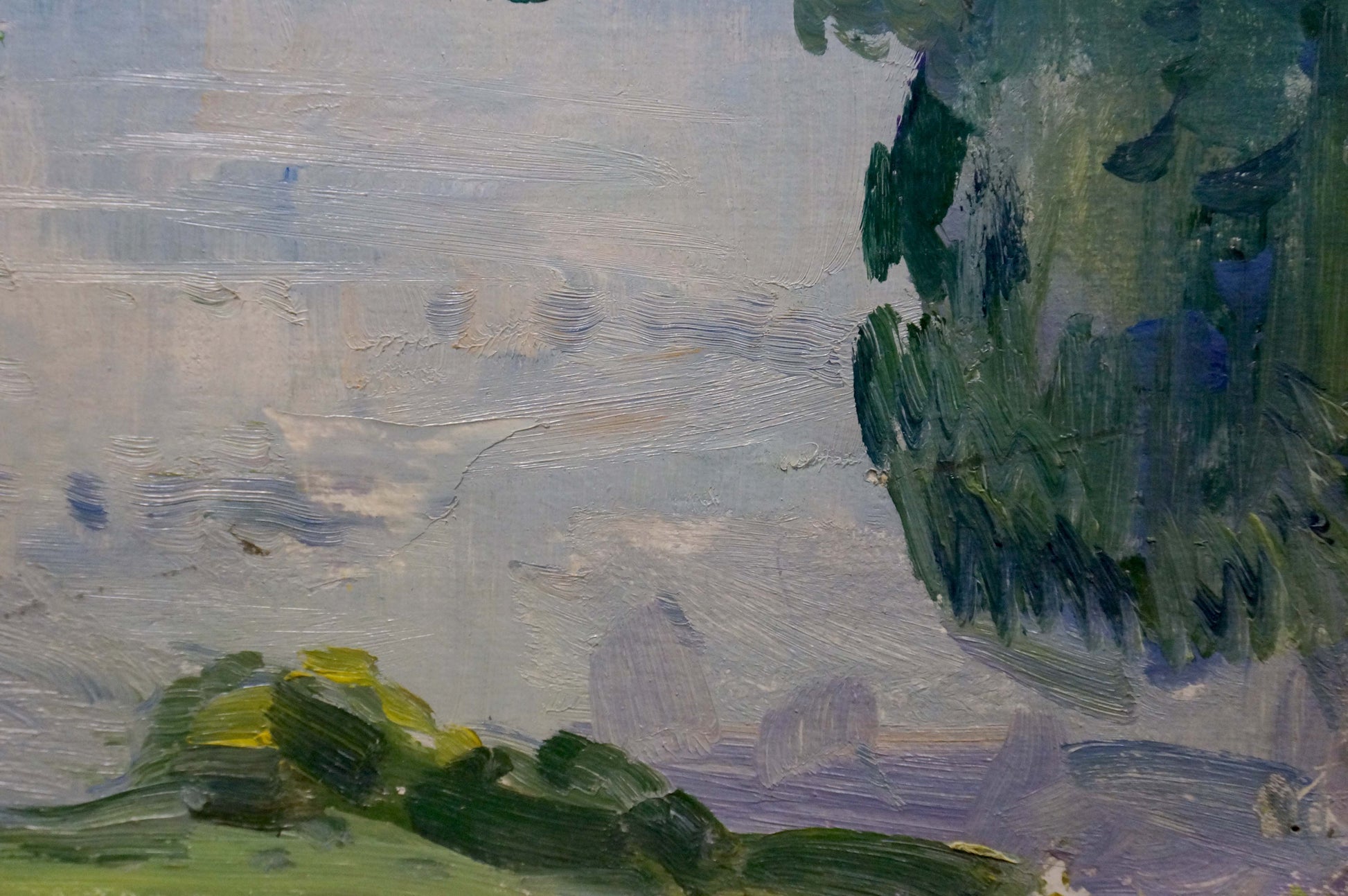 Oil painting Forest Lake by Sologubov Nikolay Vasilievich, lush green tree and cloudy sky