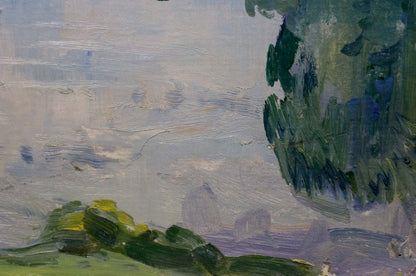 Oil painting Forest Lake by Sologubov Nikolay Vasilievich, lush green tree and cloudy sky