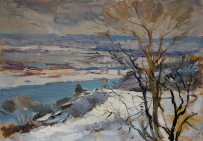 Oil painting Before a winter snowstorm by Nikolay Buryachok snowy landscape