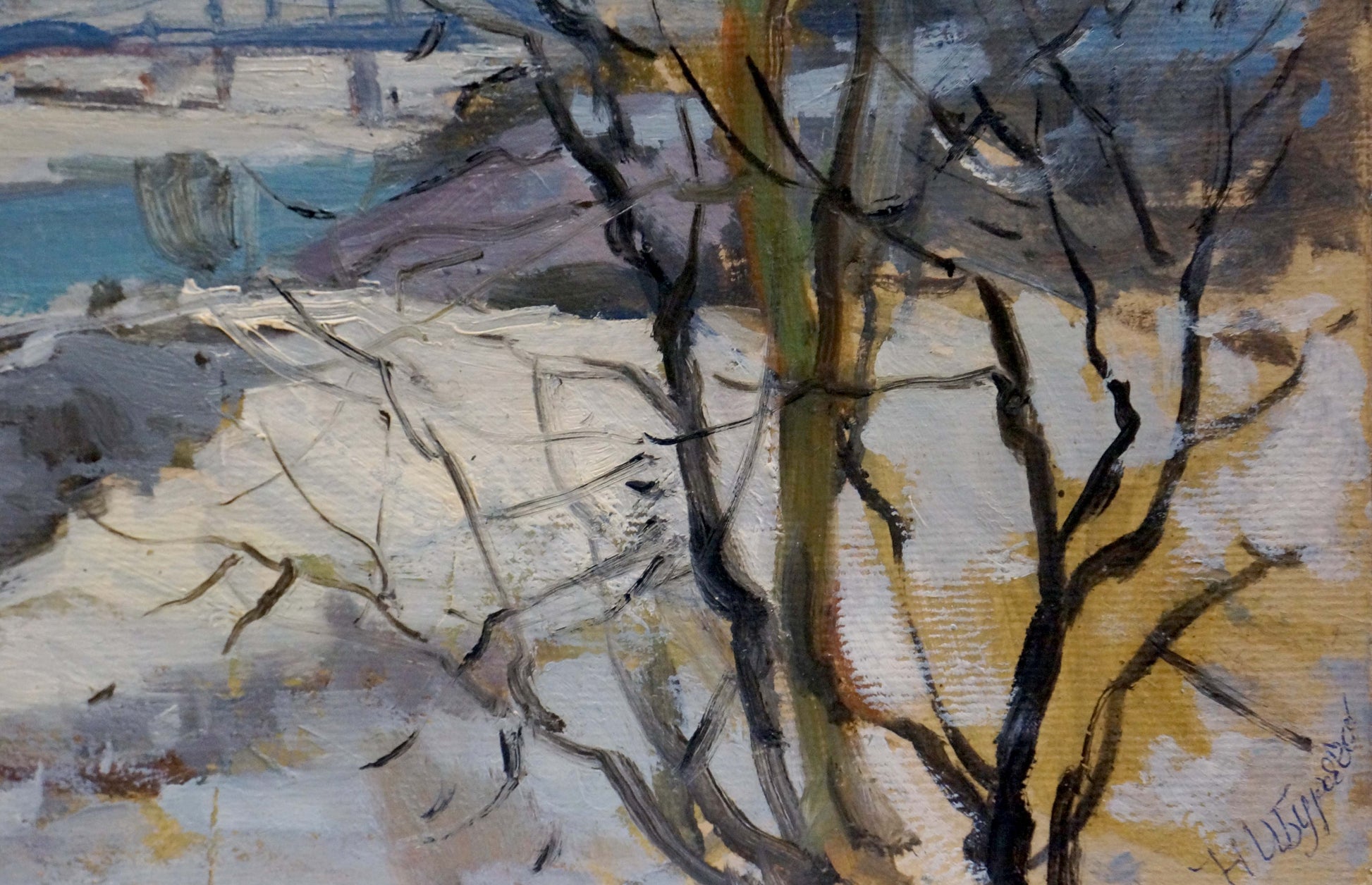 Oil painting Before a winter snowstorm by Nikolay Buryachok snowy landscape