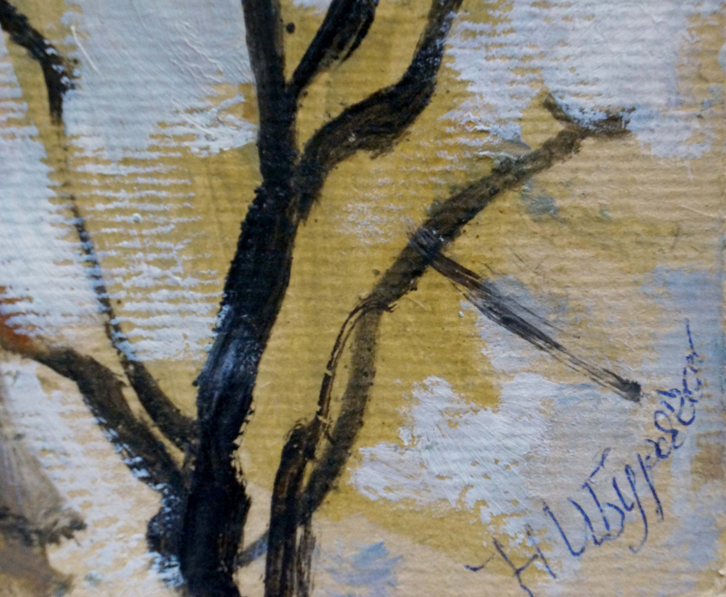 Oil painting Before a winter snowstorm by Nikolay Buryachok with black branches