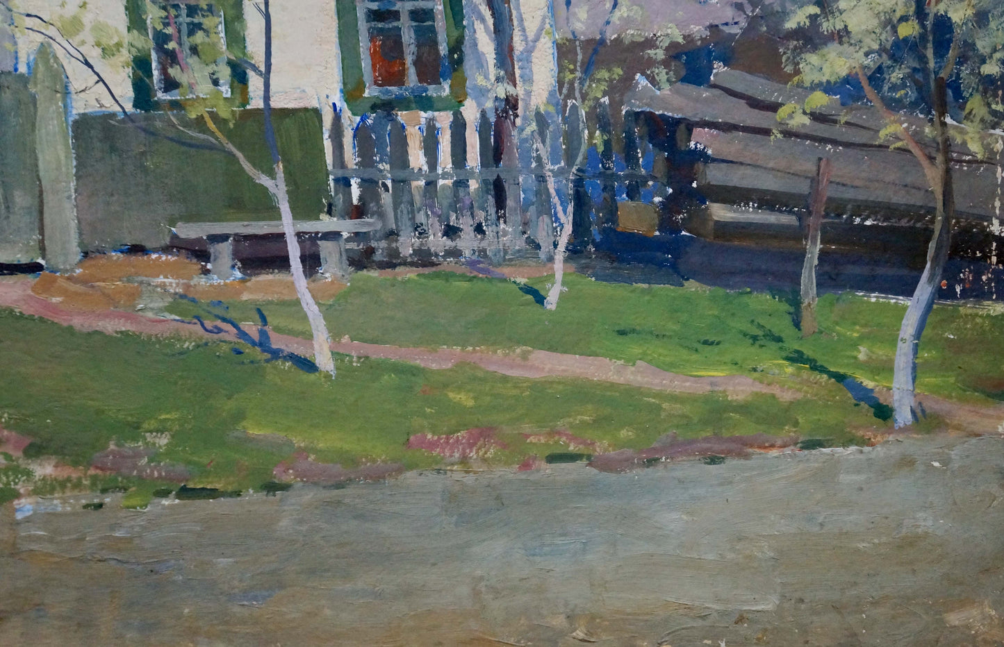 Oil painting by Kordonskiy Martin-Vigdor Leybovich: rustic bench under birch trees