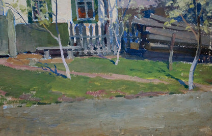 Oil painting by Kordonskiy Martin-Vigdor Leybovich: rustic bench under birch trees