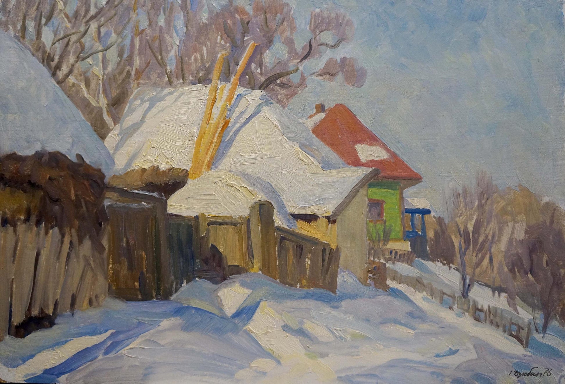 Oil painting Winter in Sednev by Dzyuban Ivan Feodosievich: snow-covered rustic houses