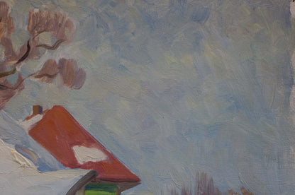 Impressionistic oil painting Winter in Sednev by Dzyuban Ivan Feodosievich, red roof with snow patches