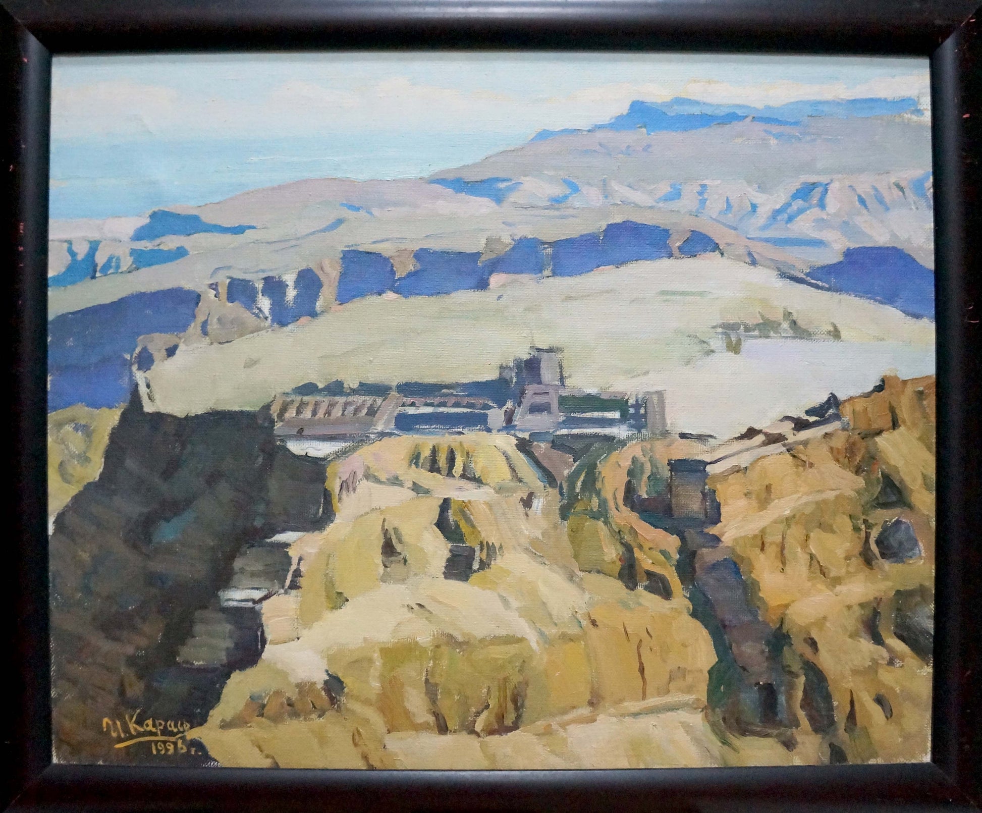 Framed oil painting of rugged mountains by Karas Joseph Ilyich