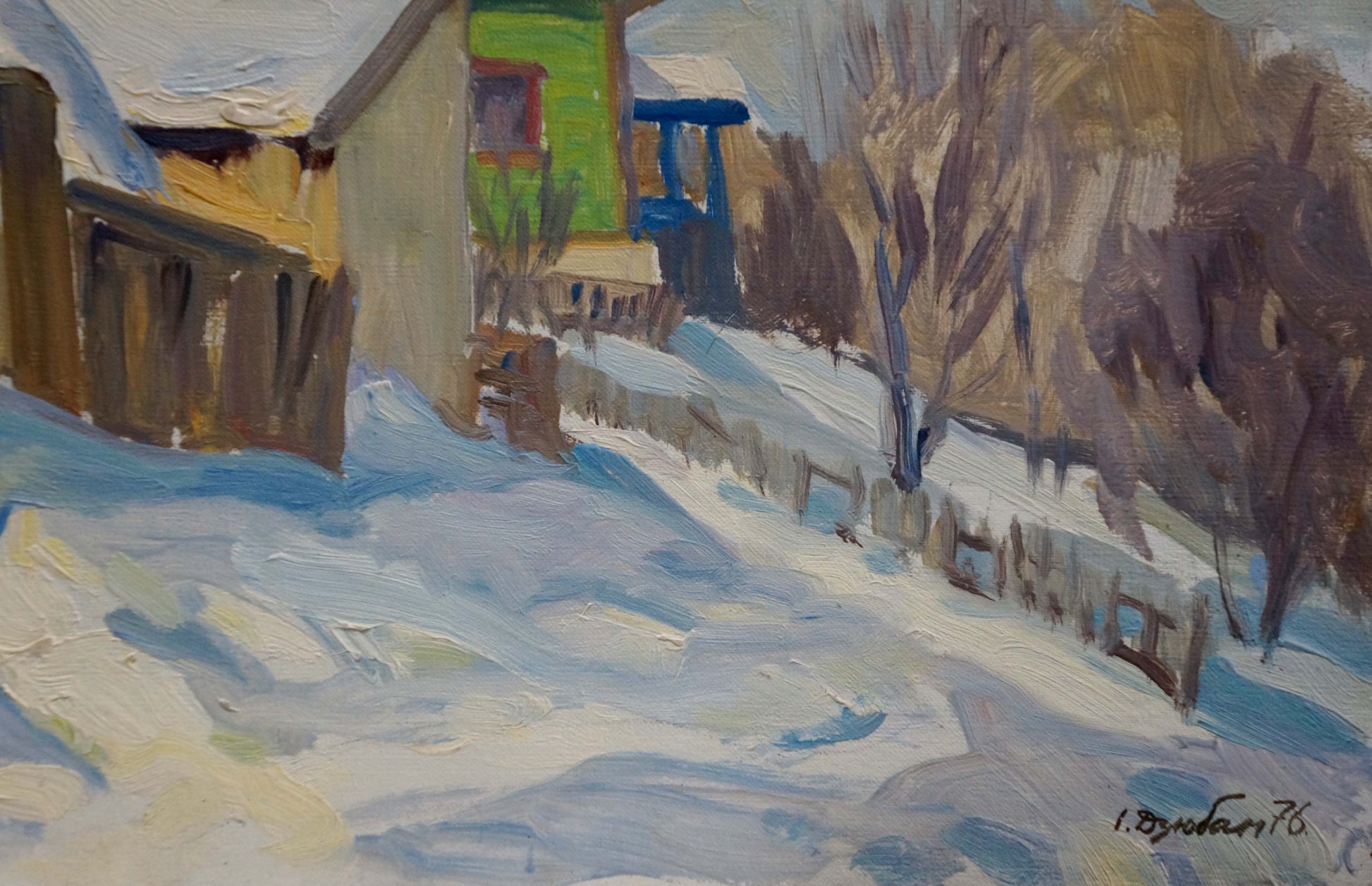 Oil painting Winter in Sednev by Dzyuban Ivan Feodosievich snowy village scene