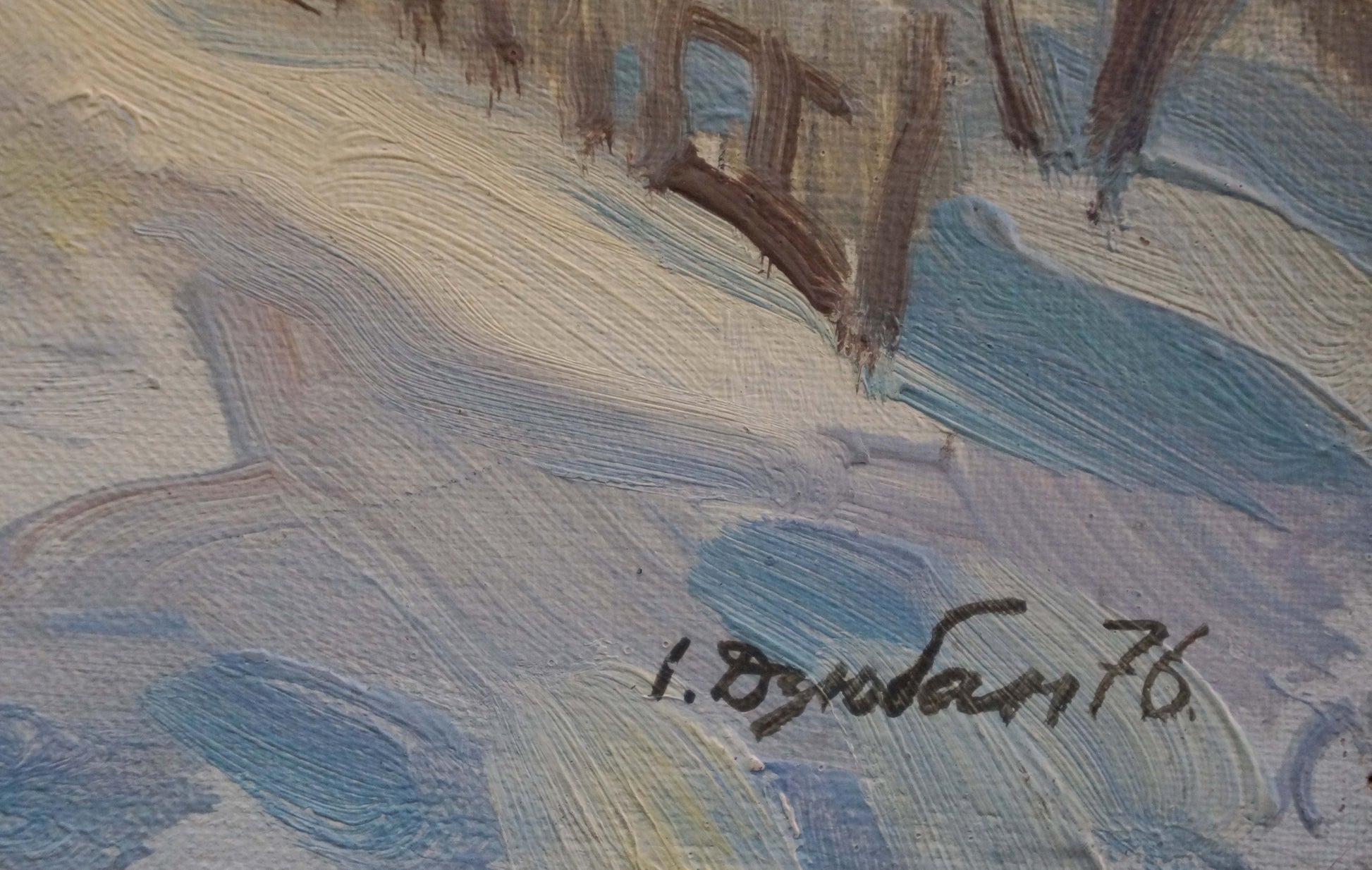 Textured oil painting of snowy landscape with brown trunks by Ivan Feodosievich Dzyuban