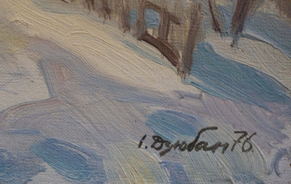 Textured oil painting of snowy landscape with brown trunks by Ivan Feodosievich Dzyuban