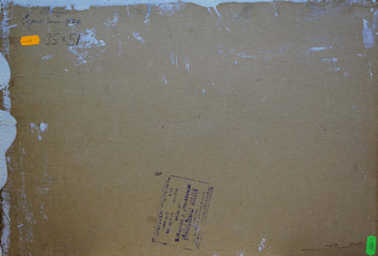 Back of Oil painting Winter in Sednev Dzyuban Ivan Feodosievich with beige canvas faded paint label