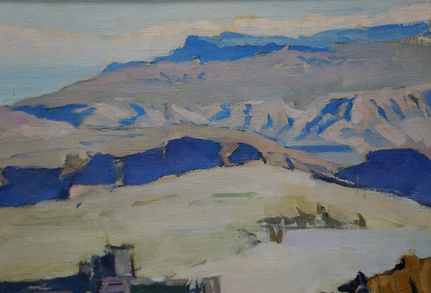 Oil painting of Karas ruins by Joseph Ilyich: blue-gray layered mountains
