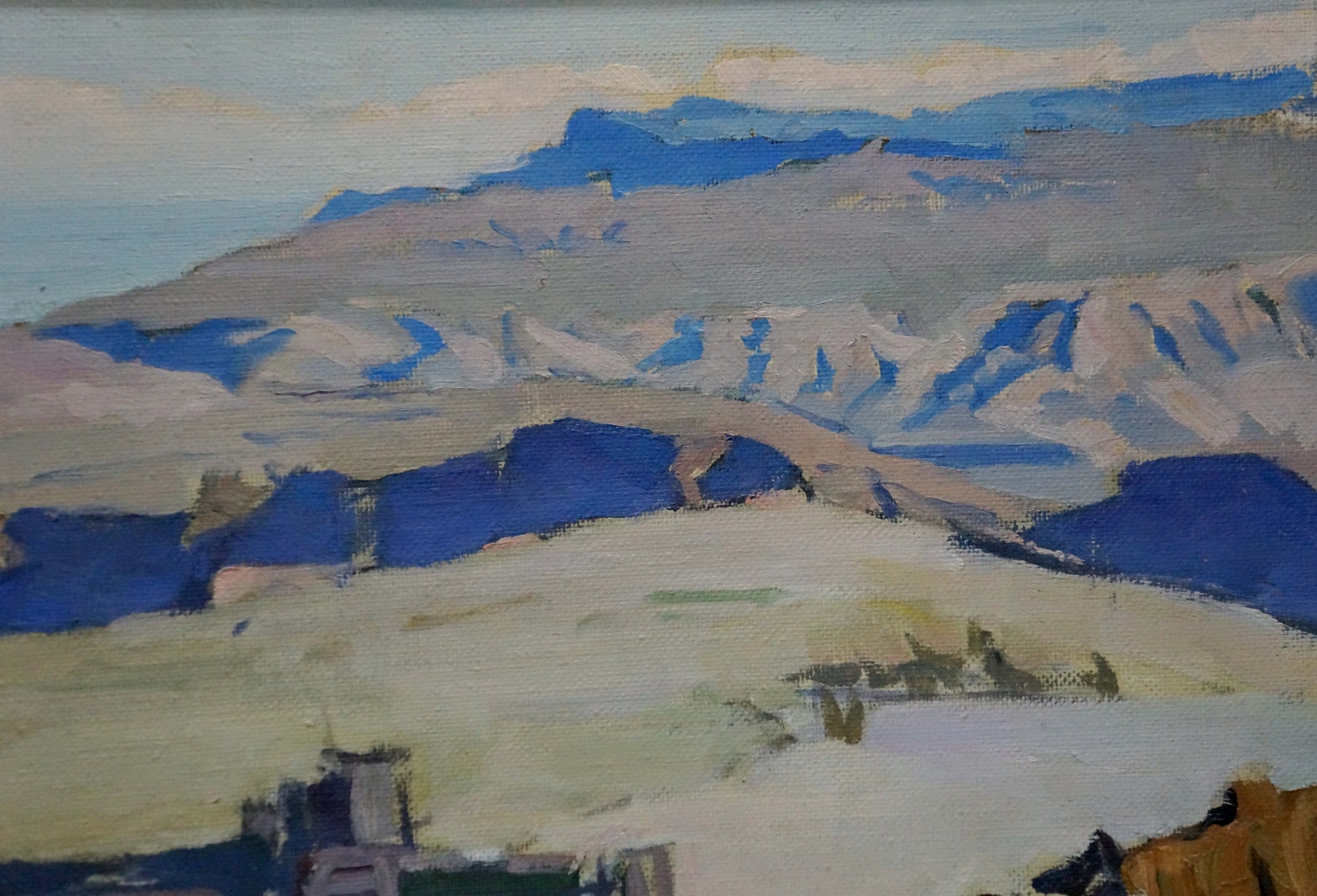 Oil painting of Karas ruins by Joseph Ilyich: blue-gray layered mountains