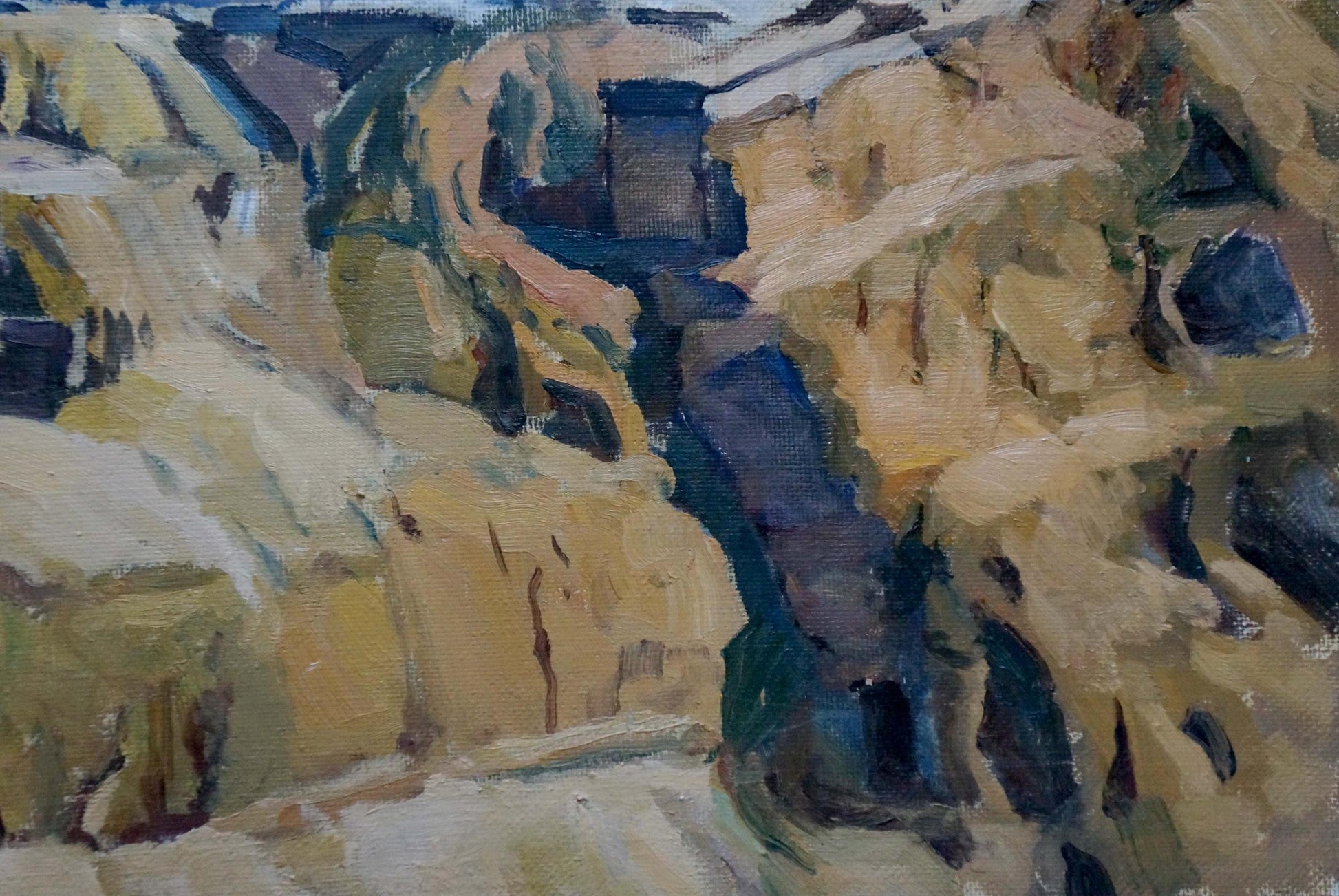 Textured oil painting of rugged Karas palace ruins canyon by Joseph Ilyich