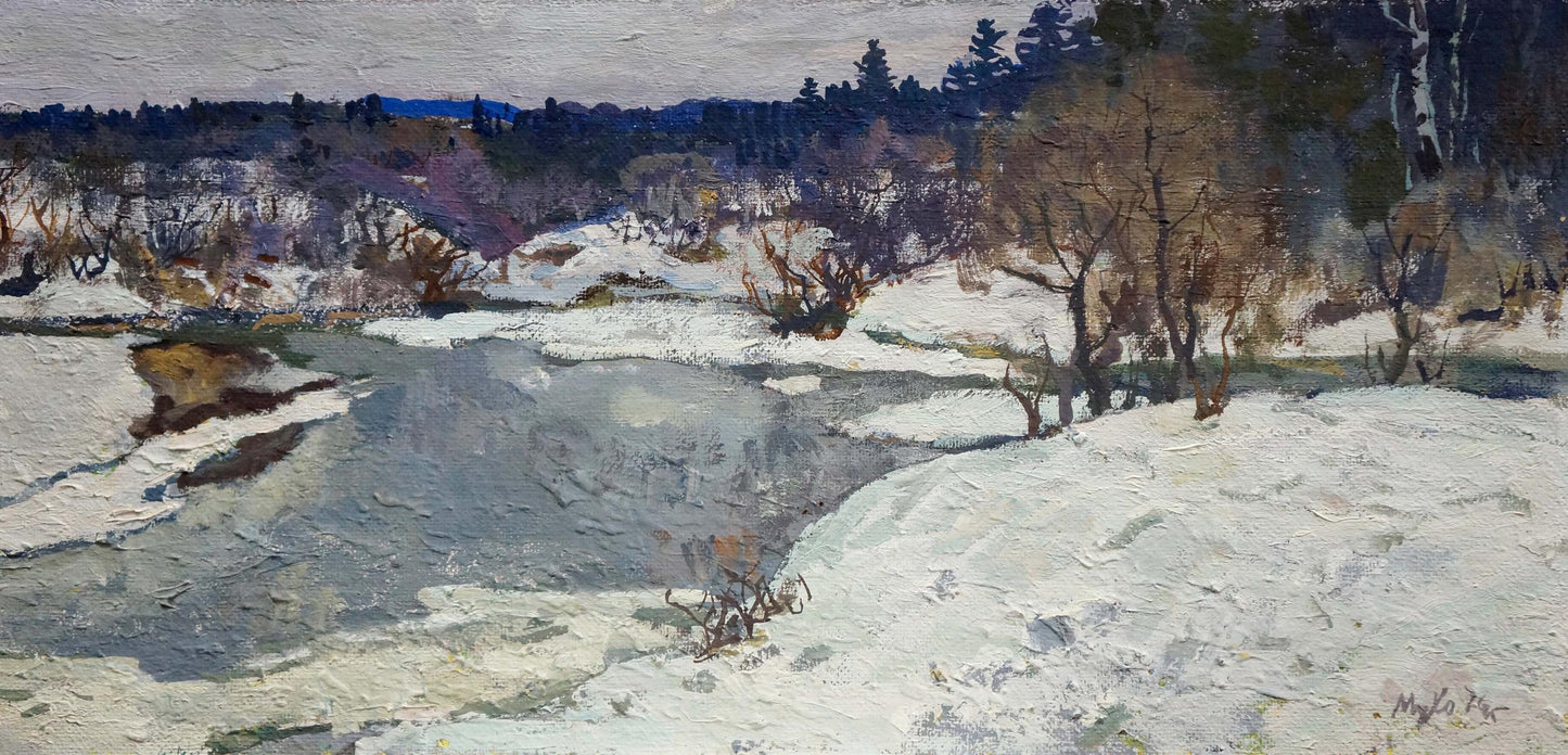 Oil painting March by Mukho Nikolay Antonovich: snowy icy landscape