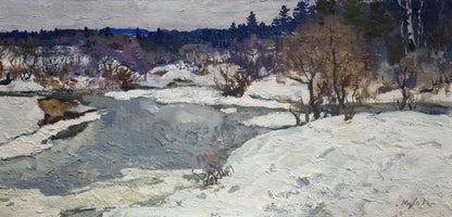 Oil painting March by Mukho Nikolay Antonovich: snowy icy landscape
