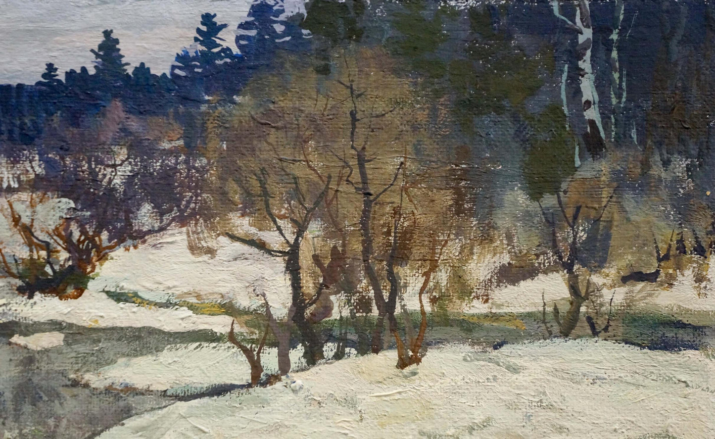 Oil painting March by Mukho Nikolay Antonovich snowy woodland scene