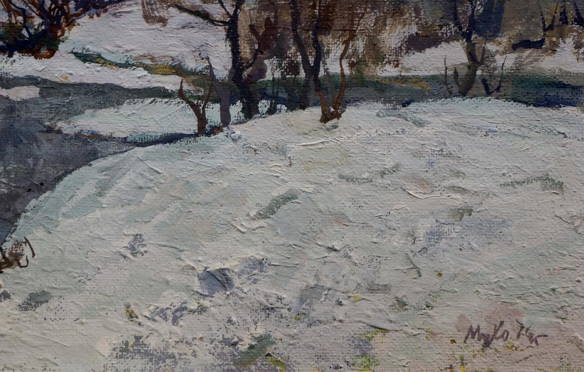 Textured impressionistic snowy landscape oil painting by March Mukho Nikolay Antonovich