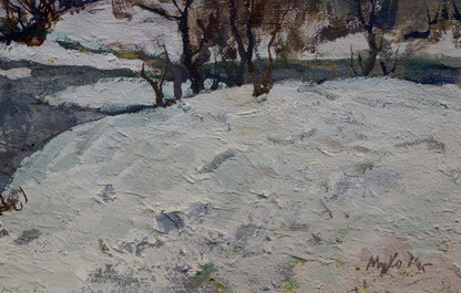 Textured impressionistic snowy landscape oil painting by March Mukho Nikolay Antonovich
