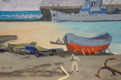 Red and gray rowboat with orange oars on sandy beach by Shavykin Dmitriy Nikolayevich