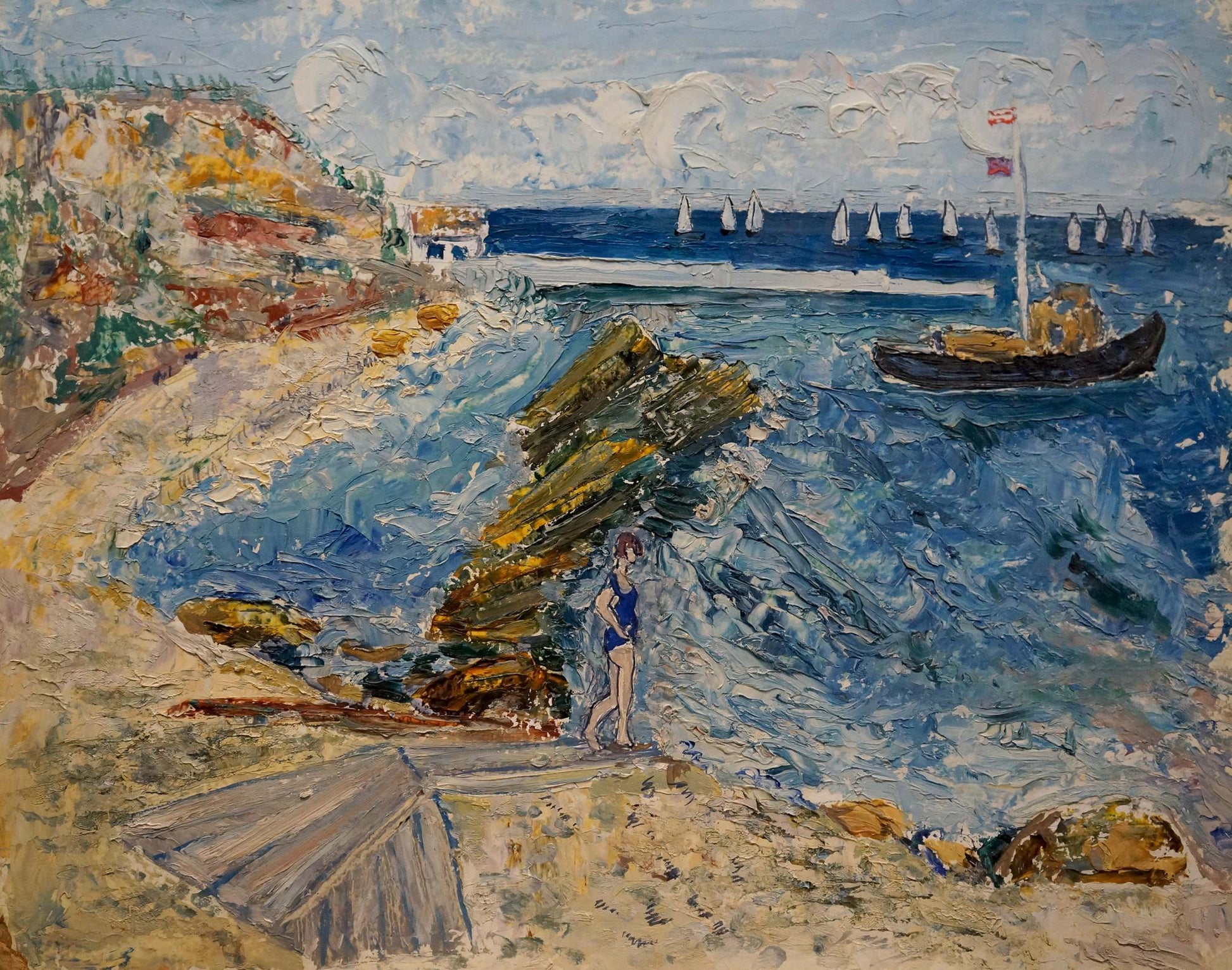 Oil painting by Strelnikov Aleksey Vladimirovich: woman in blue swimsuit on rocky Odessa shore with waves