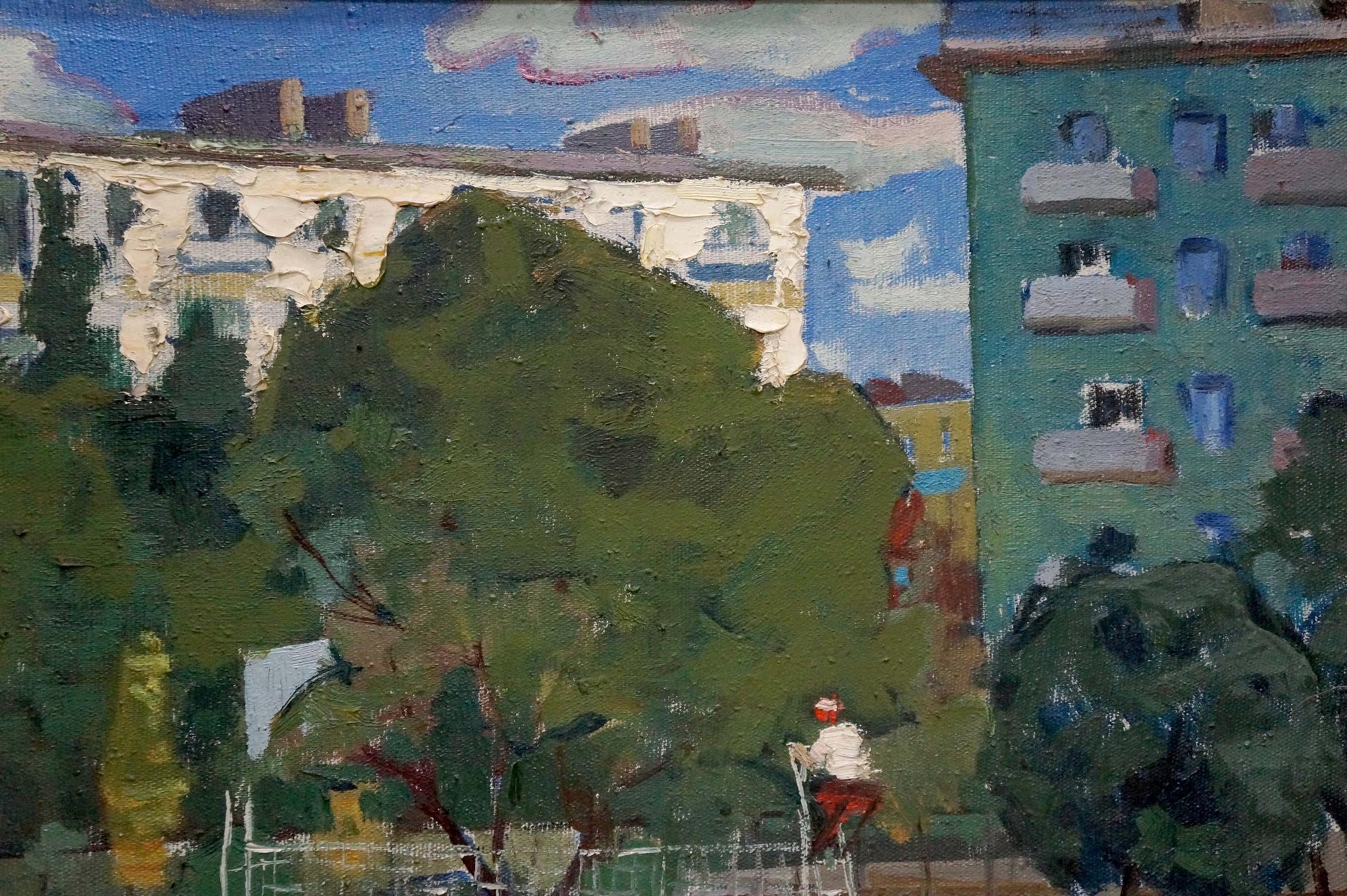 Oil painting of vibrant green tree in Stadium by Korostelev Vladimir Alexandrovich