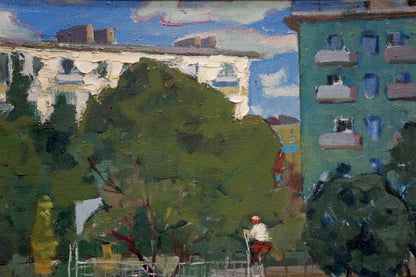 Oil painting of vibrant green tree in Stadium by Korostelev Vladimir Alexandrovich