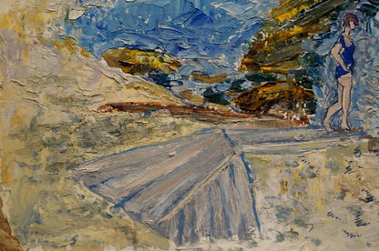 Impressionist oil painting by Strelnikov Aleksey Vladimirovich: woman in blue swimsuit on rocky Odessa shoreline