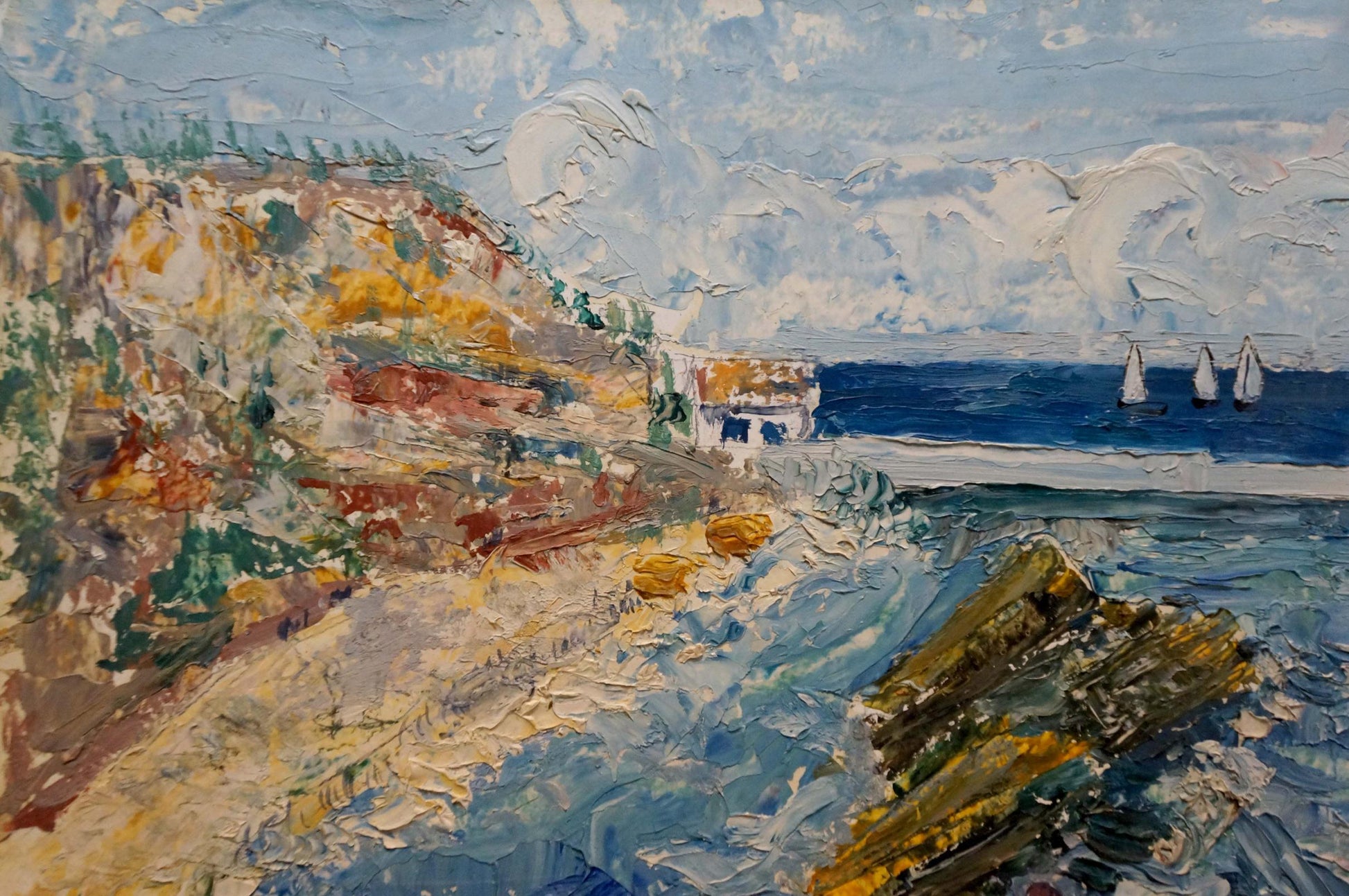 Impasto oil painting by Strelnikov Aleksey Vladimirovich: Odessa coastal cliffs, sea, sailboats