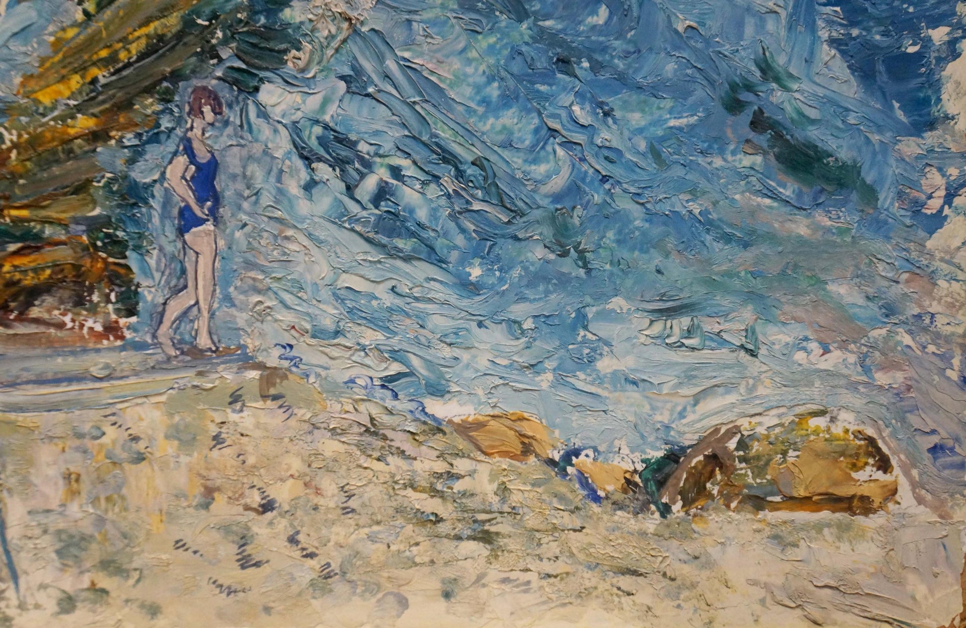 Oil painting by Strelnikov Aleksey Vladimirovich: woman in blue swimsuit on rocky Odessa shoreline