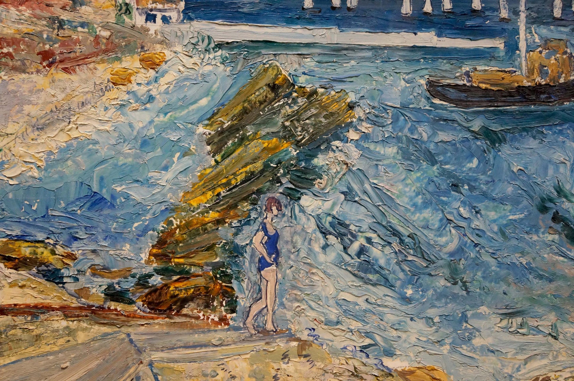 Oil painting by Aleksey Vladimirovich Strelnikov: woman in blue swimsuit on Odessa rocky shore with waves