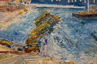 Oil painting by Aleksey Vladimirovich Strelnikov: woman in blue swimsuit on Odessa rocky shore with waves