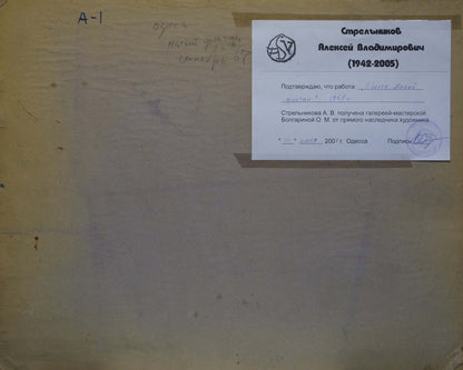 Back of Oil painting Landscapes of Odessa Strelnikov certificate on wall