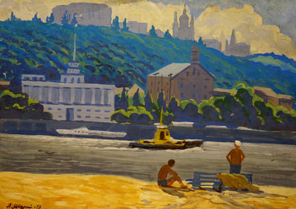 Yellow tugboat with tall mast by Shariy Anatoly Ivanovich