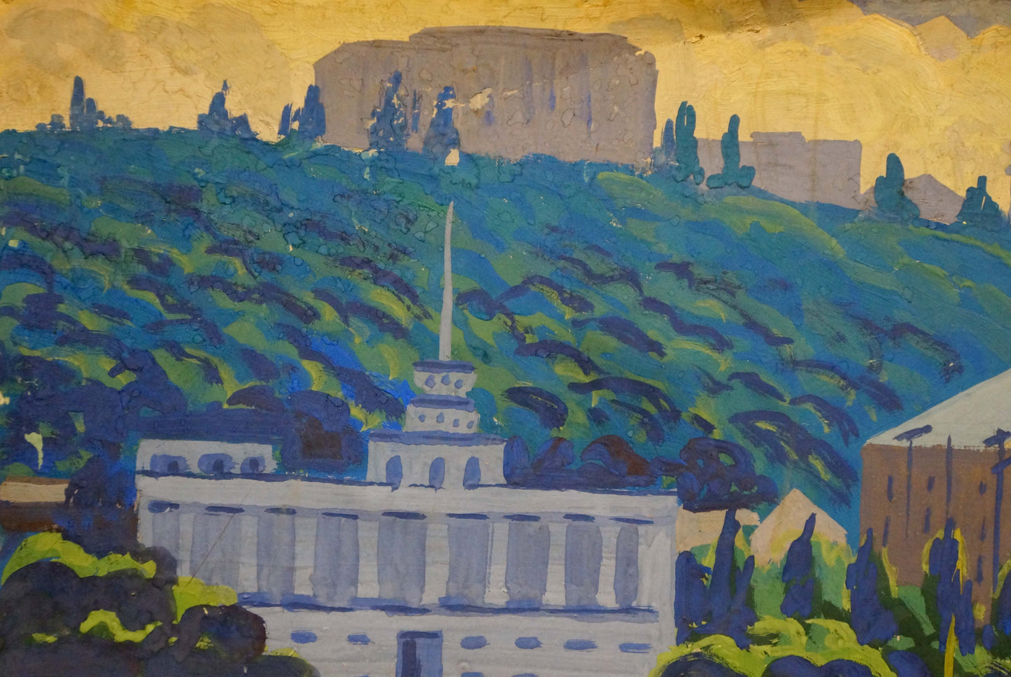 Stylized painting by Shariy Anatoly Ivanovich of classical building in green hills