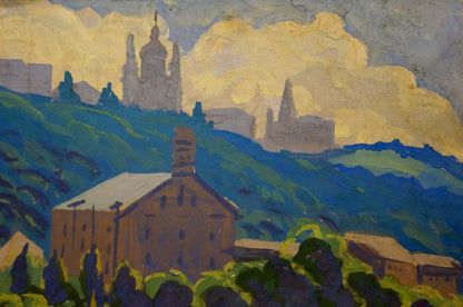 Painting Urban Landscape by Shariy Anatoly Ivanovich: brown building in green hills