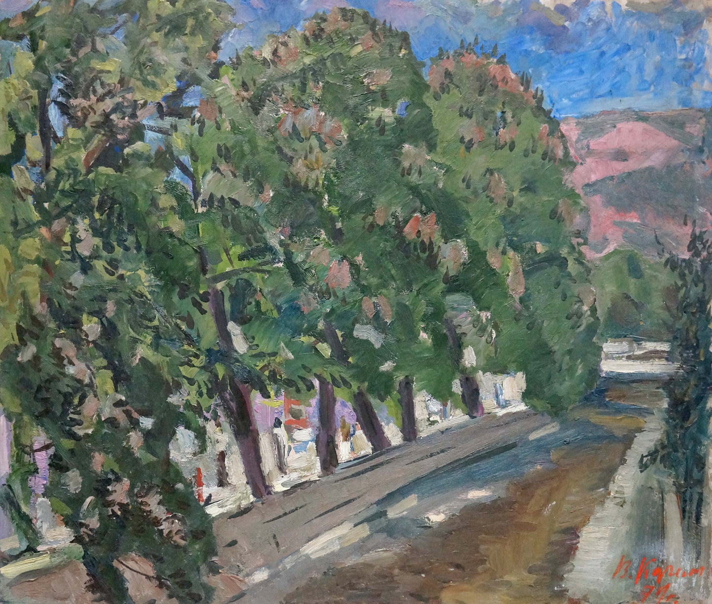 Vibrant impressionist oil painting by Karelin Vyacheslav: tree-lined park road