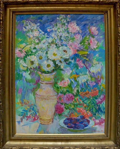 Oil painting of flowers and plums by Vasily Chegodar in cream vase