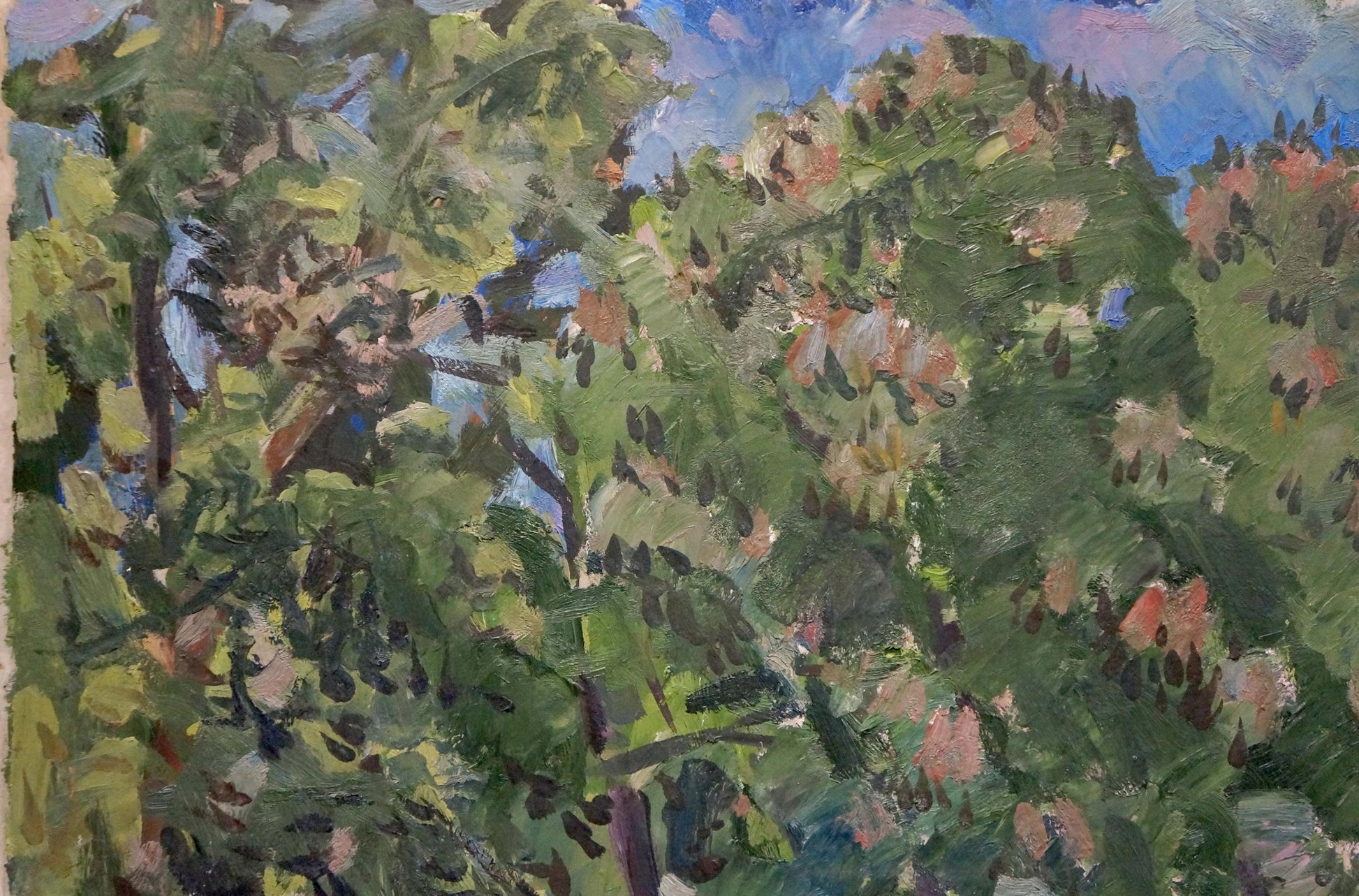 Vibrant impressionist oil painting of dense green foliage in a park by Karelin Vyacheslav