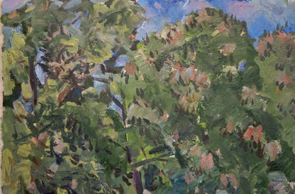 Vibrant impressionist oil painting of dense green foliage in a park by Karelin Vyacheslav