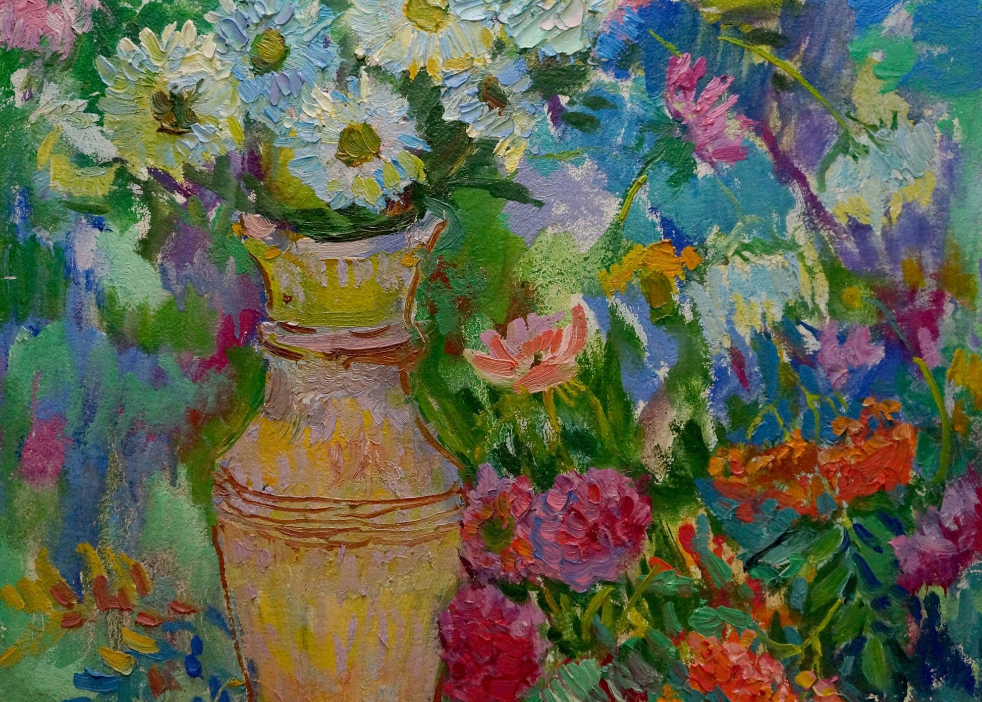 Oil painting of flowers and plums by Vasily Chegodar in yellowish ceramic vase