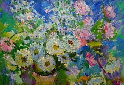 Vibrant impressionist oil painting by Vasily Chegodar: flowers and plums bouquet