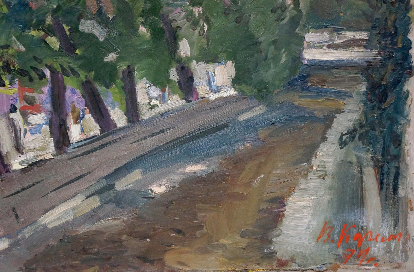 Textured oil painting of sun-dappled park street by Karelin Vyacheslav