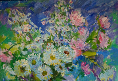 Vibrant impressionist oil painting Flowers and plums by Vasily Chegodar