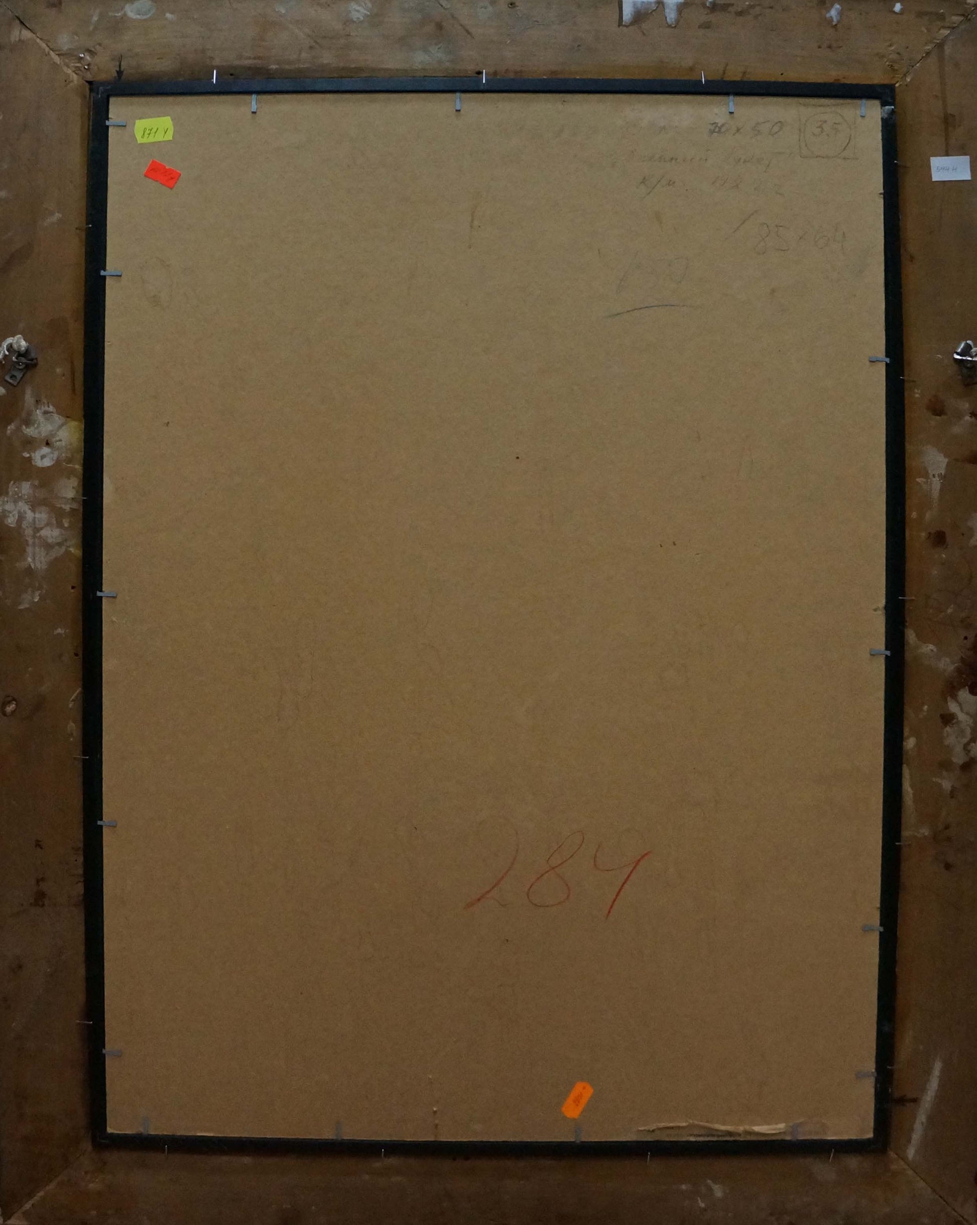 Back of Vasily Chegodar Flowers and Plums oil painting framed with beige backing and orange tags