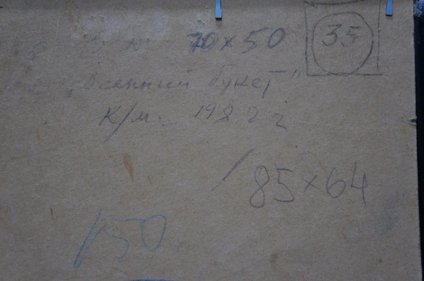 Back of Vasily Chegodar oil painting Flowers and plums with beige box measurements