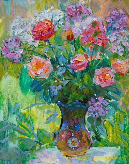 Oil painting of Vasily Chegodar bouquet with red roses and lilacs in ornate vase