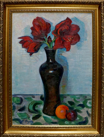 Oil painting of vibrant red peonies by Dorofeev Nikolay Ivanovich