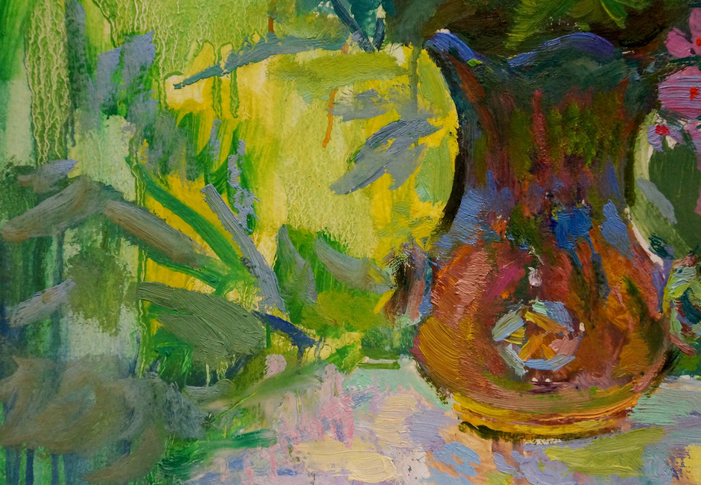 Vibrant impressionistic oil painting of Vasily Chegodar bouquet with roses lilacs pitcher